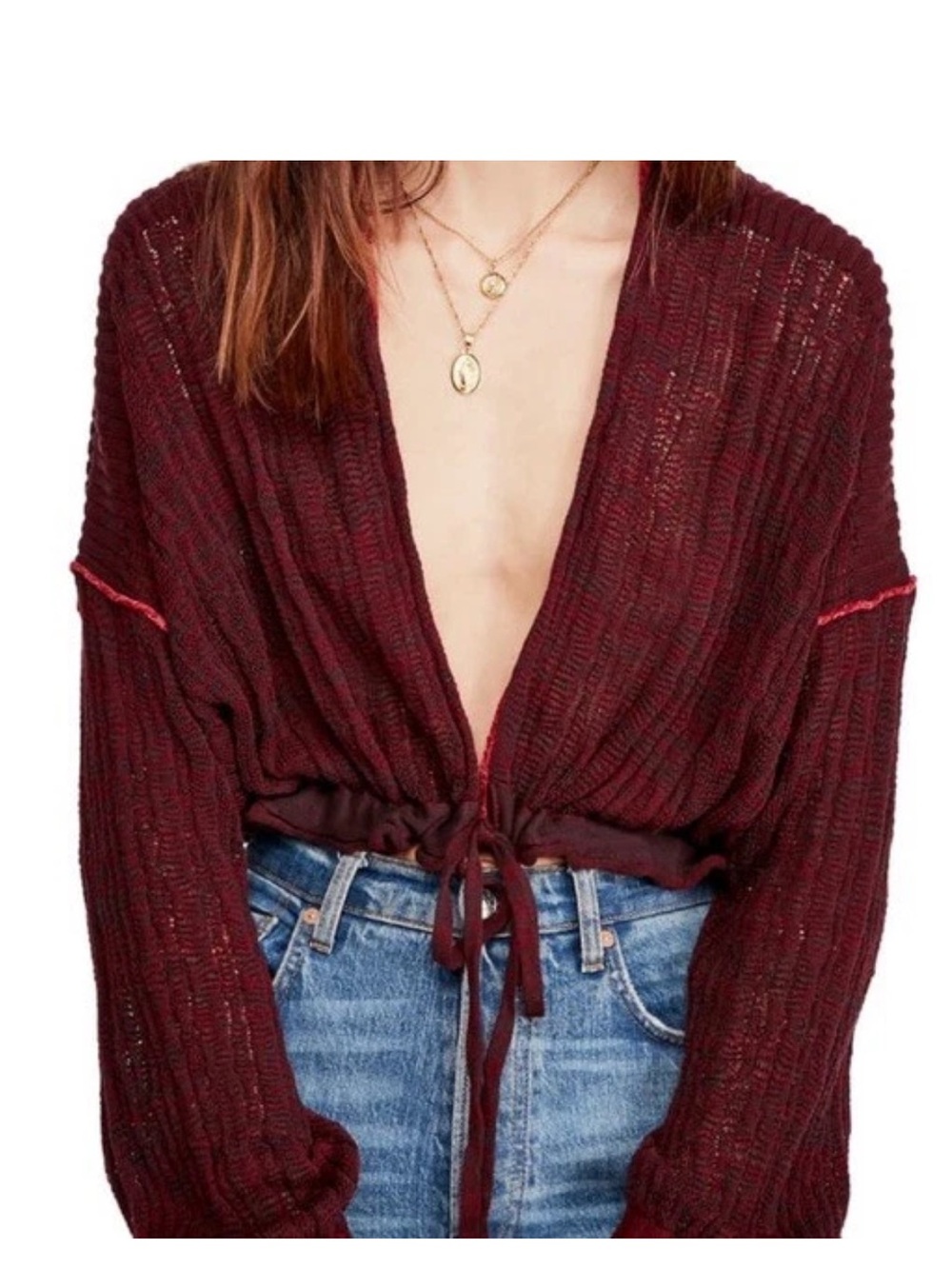 Free people Women's Burgundy Tie-Front Knit Sweater